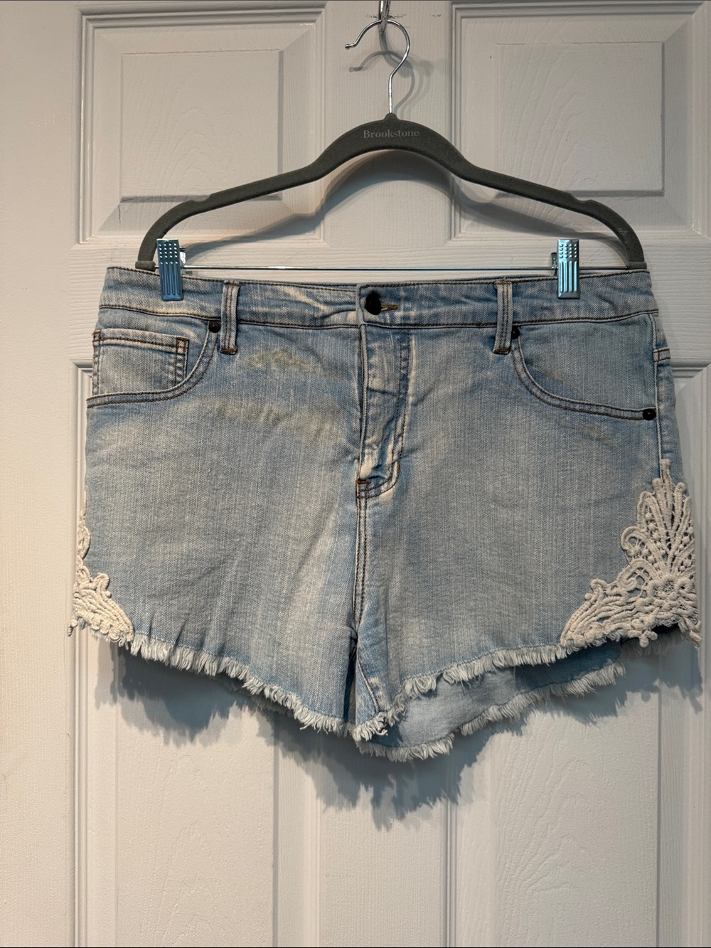 Light Wash Denim Shorts with White Lace Trim